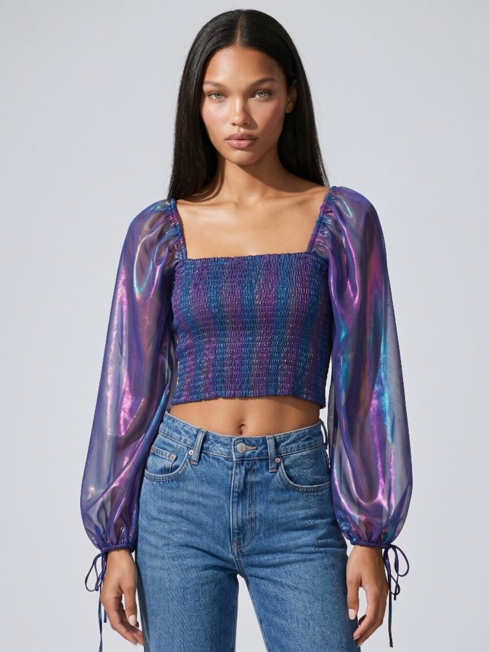 Amanda Uprichard Iridescent Smocked Blouson Sleeve Crop Top NWT Size M